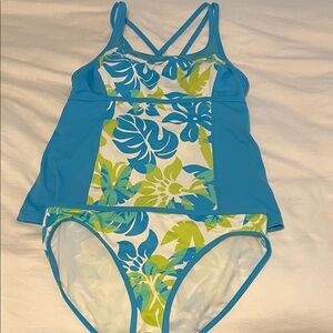 Lands' End Blue Tankini Set with White and Lime Floral Panels